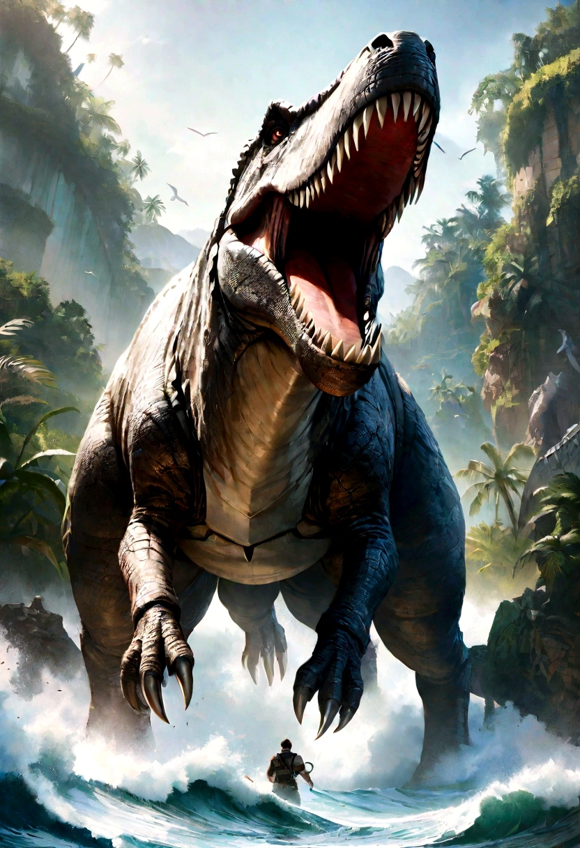 masterpiece、Realistic、High-quality 4K、Dinosaurs resist waves、jungle、Super Large Reality、Ancient、Tyrannosaurus Rex、Open your mouth wide、The background is the sea