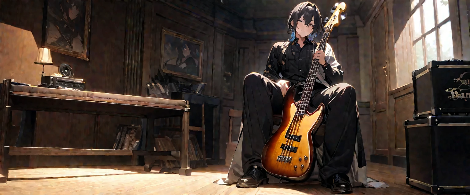 (((masterpiece,Highest quality))),(((Have a bass guitar黒髪の無造作な髪形と黒い目をしたスチームパンク風でヴィジュアル系の衣装を着たアニメキャラクターの男性))),((Have a bass guitar)),(((Standing politely in a Western-style room with a bass guitar))),Focus on the upper body,(high quality),アニメ