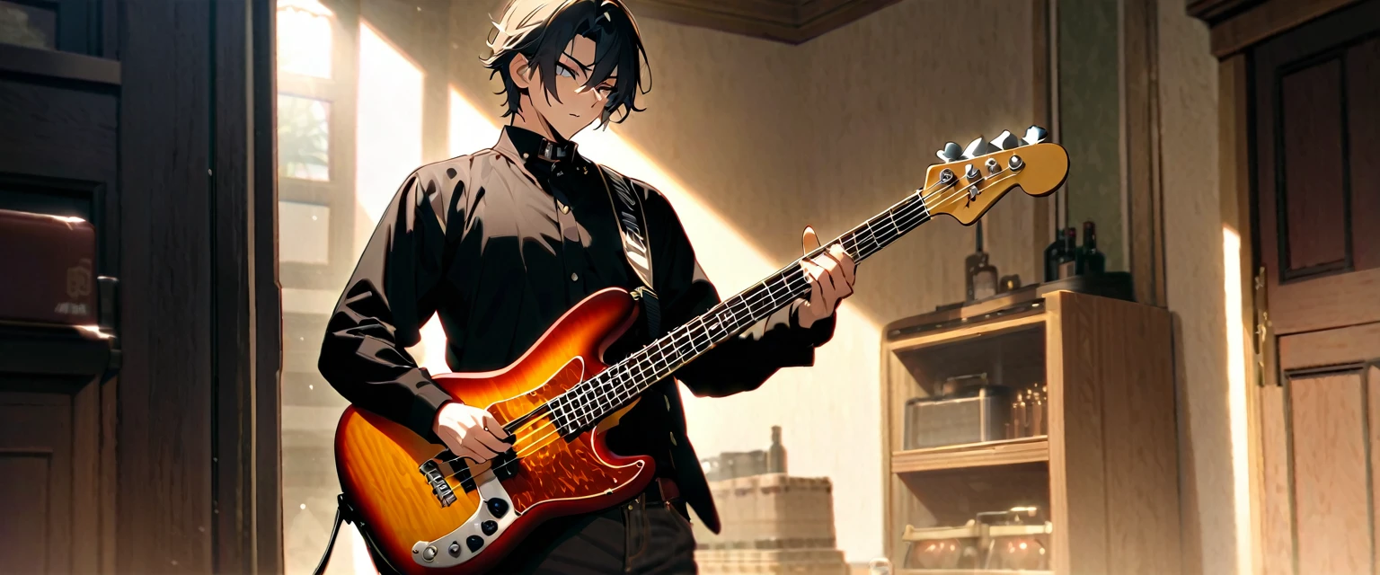 (((masterpiece,Highest quality))),(((Have a bass guitar黒髪の無造作な髪形と黒い目をしたスチームパンク風でヴィジュアル系の衣装を着たアニメキャラクターの男性))),((Have a bass guitar)),(((Standing politely in a Western-style room with a bass guitar))),Focus on the upper body,(high quality),アニメ