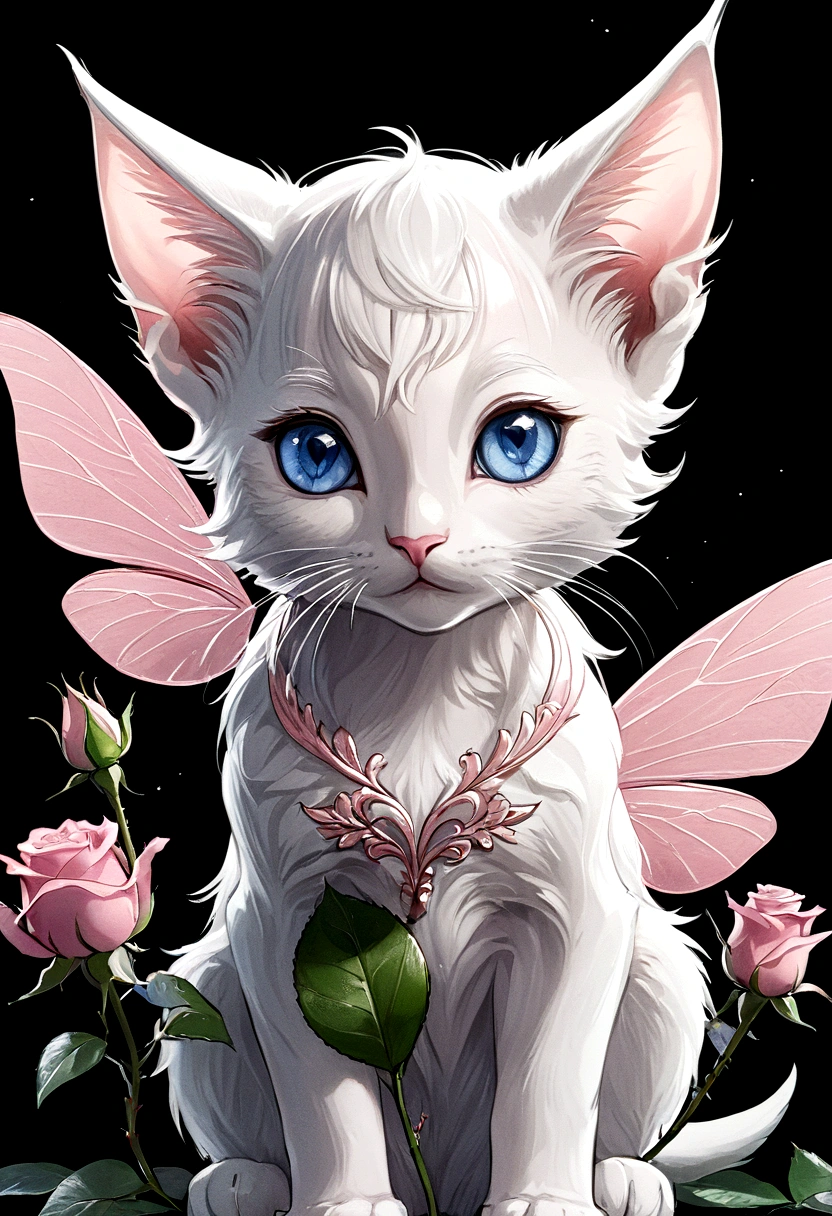 solo, looking at audience, blue eyes, flower, elf transparent wings, head tilt, no humans, little rose, animal, kitten, pink flower, realistic, animal focus, pink rose, whiskers