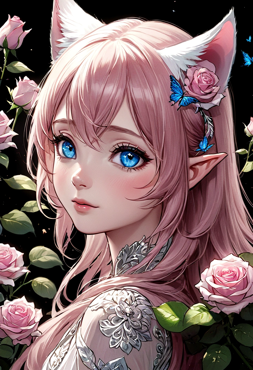 solo, looking at audience, blue eyes, flower, elf transparent wings, head tilt, no humans, little rose, animal, kitten, pink flower, realistic, animal focus, pink rose, whiskers