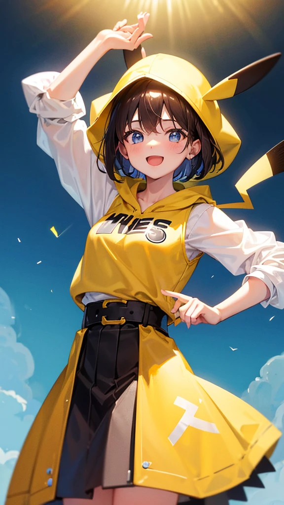 Thick Coating, young, かわいいgirl, Brown Hair, short hair,Pikachu's ears, Yellow clothes, poncho,  Black skirt underneath, blue eyes,Look forward,virtual,girl,whole body,upright,Place your arms at your sides,Viewed from the front,Simple Background,1 girl,Open your mouth,blue eyes,smile,virtualユーチューバー,Standing,upright,Put your hands down