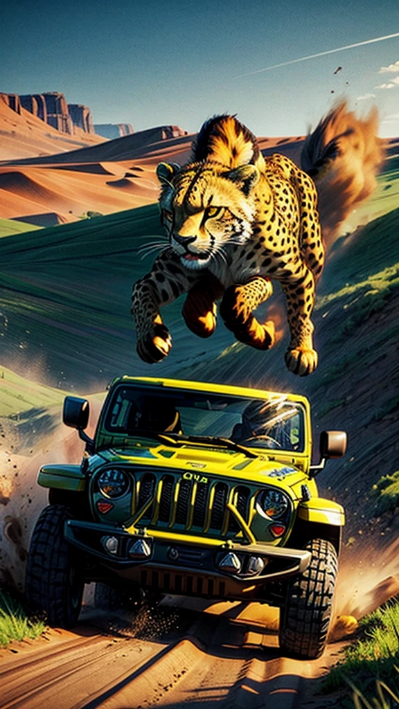 cheetah running through the grasslands, jeep chasing, highly detailed, 8k, photorealistic, cinematic lighting, dynamic motion blur, dramatic composition, vibrant colors, lush vegetation, rugged terrain, dust clouds, extreme action, powerful predator, incredible speed, adrenaline-filled chase, immersive realism