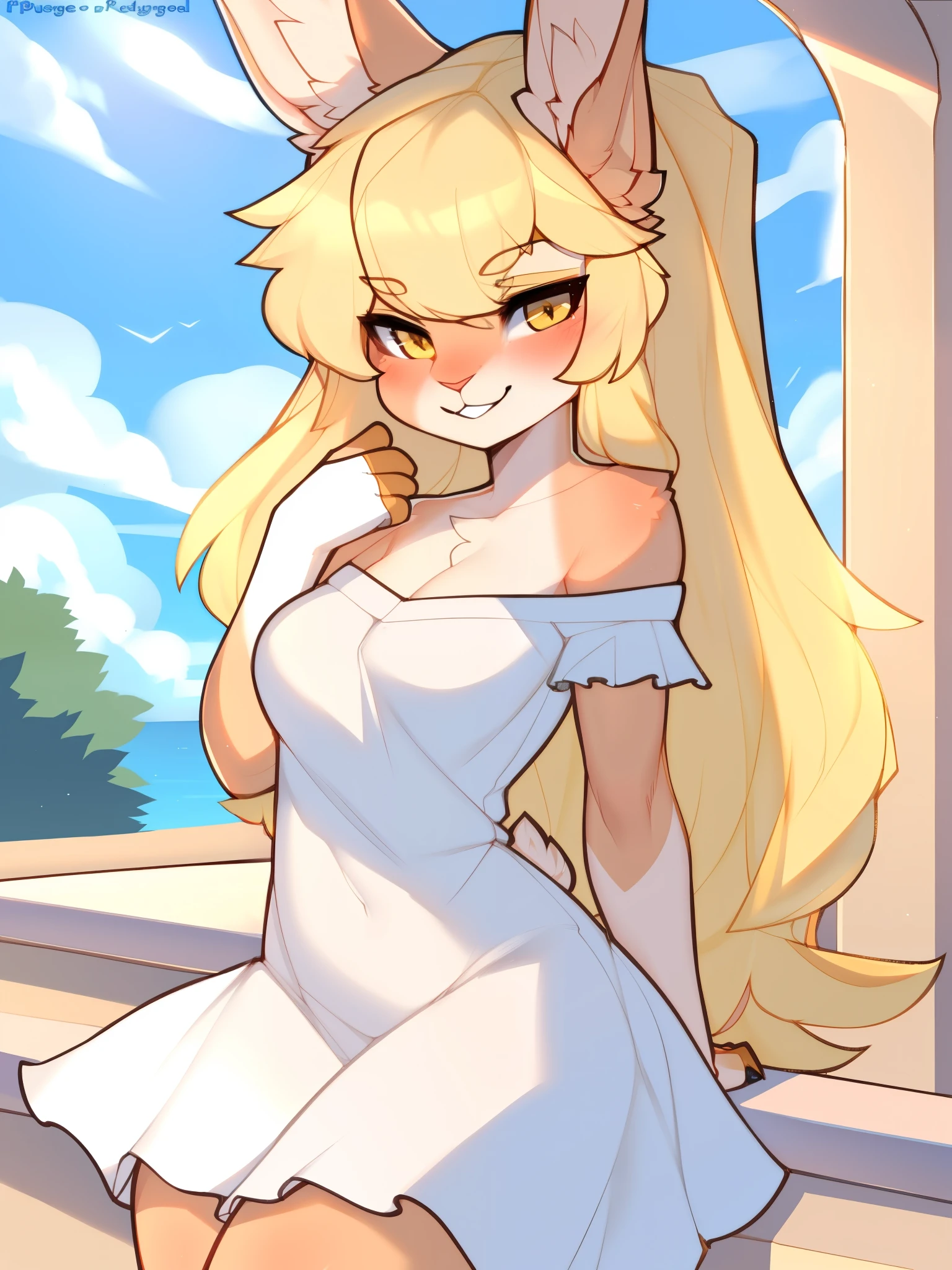 sfw, by claweddrip, by ressue, by pudgeruffian, by fleet-foot, by thericegoat, best quality, masterpiece, solo, female, rabbit, rabbit tail, (lop ears:1.1), blonde hair, long straight hair, beige fur, yellow eyes, bright eyes, medium breast, sundress, white sundress, off-shoulder, frills, gentle smile, plaza scenery