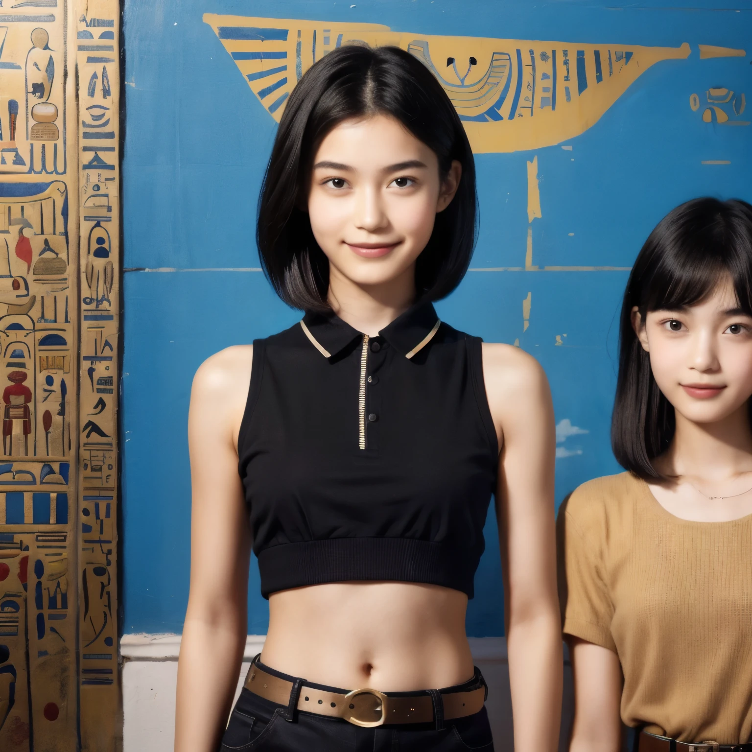 246 (In the mural2people々々々々々々), (An 18-year-old female and an 18-year-old male), short hair,kind, lipstick, Egyptian civilization, Waist belt, Hieroglyphics, smile