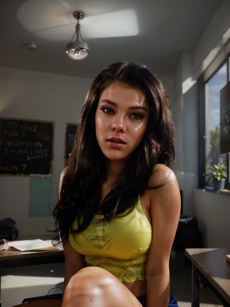 a beautiful 16 year old ,sexy, deep nekline, detailed face, beautiful eyes, long lashes, detailed hair, , sitting in a classroom, warm lighting, photorealistic, detailed background, high resolution, octane render, cinematic, dramatic lighting, vibrant colors