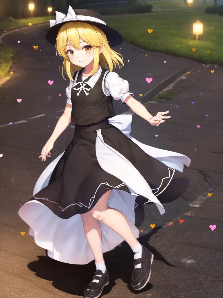 1girl, , , masterpiece, best quality, , medium blonde hair, forehead visible bags, yellow eyes, hat, heart, black headwear, puffy short sleeves, log black skirt, heart hads,,1girl, solo, yellow eyes, yellow hair, bow, hat bow, socks, black footwear, black skirt, short sleeves, yuki (touhou), black vest, white sleeves, frill skirt, light smile