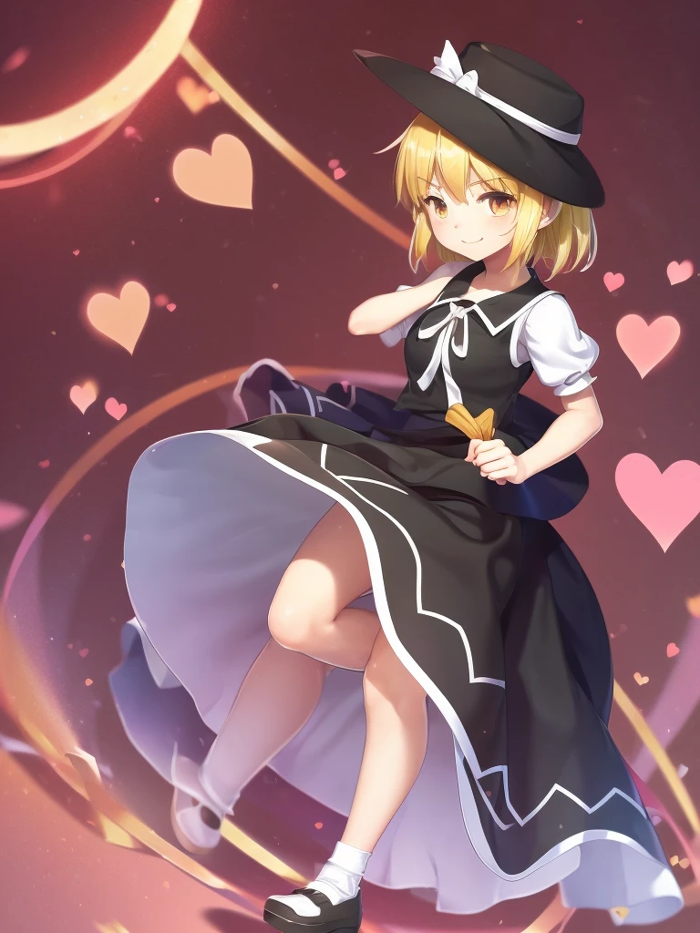 1girl, , , masterpiece, best quality, , medium blonde hair, forehead visible bags, yellow eyes, hat, heart, black headwear, puffy short sleeves, log black skirt, heart hads,,1girl, solo, yellow eyes, yellow hair, bow, hat bow, socks, black footwear, black skirt, short sleeves, yuki (touhou), black vest, white sleeves, frill skirt, light smile