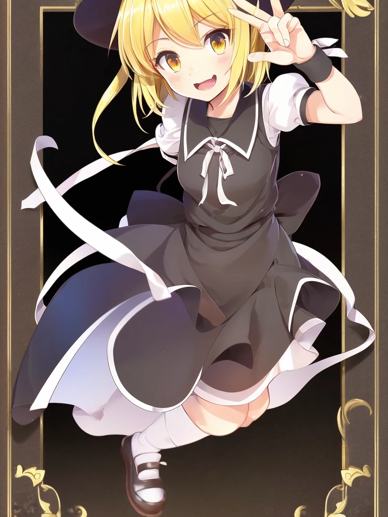 1girl, , , masterpiece, best quality, 10 years old, medium blonde hair, forehead visible bags, yellow eyes, hat, heart, black headwear, puffy short sleeves, log black skirt, heart hads,,1girl, solo, yellow eyes, yellow hair, bow, hat bow, socks, black footwear, black skirt, short sleeves, yuki (touhou), black vest, white sleeves, frill skirt, light smile