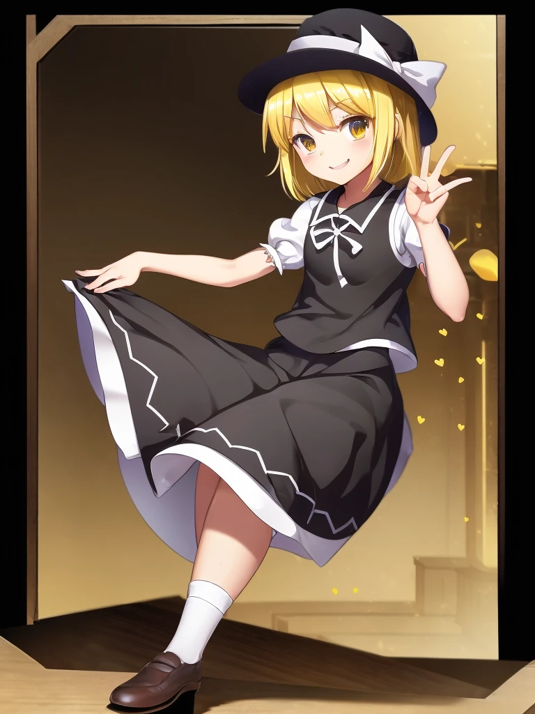 1girl, , , masterpiece, best quality, 10 years old, medium blonde hair, forehead visible bags, yellow eyes, hat, heart, black headwear, puffy short sleeves, log black skirt, heart hads,,1girl, solo, yellow eyes, yellow hair, bow, hat bow, socks, black footwear, black skirt, short sleeves, yuki (touhou), black vest, white sleeves, frill skirt, light smile