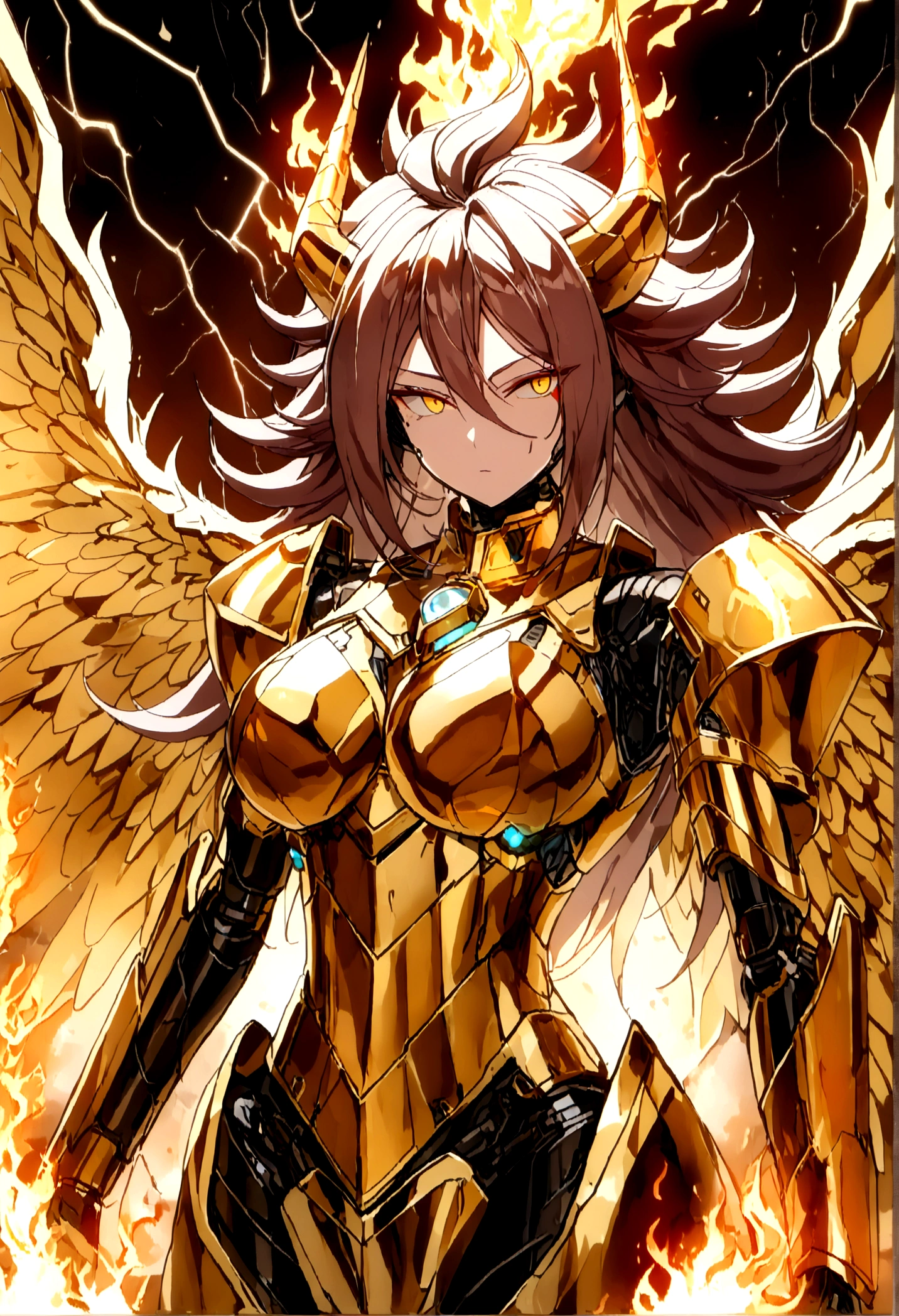 ((Lightning Power)), ((Electricity)), ((Fire Background)), ((Lightning Storm)), ((Power Erupting)), (((((android 21))))), ((((Galaxy Rasengan)))), (((Evil Power))), (((white Coat))), (((Busty))), (((((Big breast:1,3)))), luxury bustier corset, (((silver hair))), (((Very slim waist))), propotional body, ((Gorgeous)), (((Fire Blazing Horns))), ((((gold wings))), masterpiece, hyperdetail, ambient effect, digital effect, (((Fire Gold Armor))), (((Lightning Gold Wings)))
