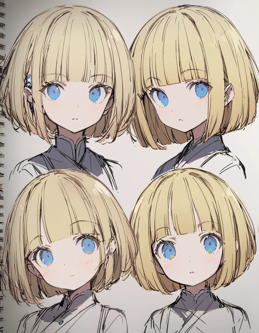 魔法学園でBlondeの女の子が食堂でオムライスを食べる(Sketches), (Open Close), (Small body), (Blonde:1.5) (Short Bob Hair:1.4), (Blue eyes)(Blunt bangs:1.3)