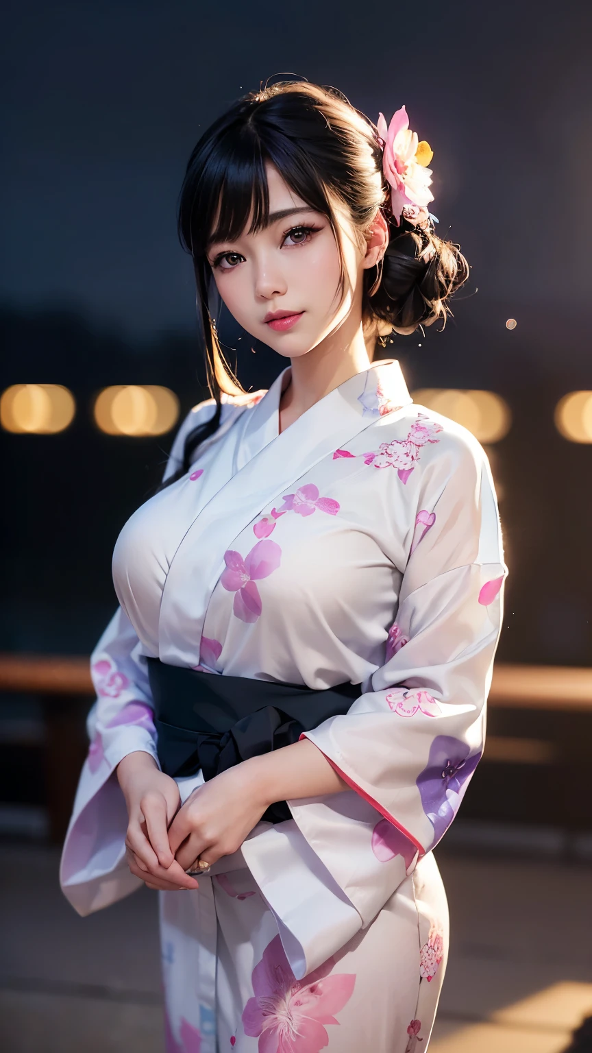 (logo、masterpiece、8K、Tabletop、RAW Photos、wonderful、最high quality、フォトリアリスティックでVery detailedな CG 複合 8K 壁紙、high quality、Very detailed、Narrative poem、Particle Effects、Dynamic Effects、Depth of the Boundary、Cinematic Light、Lens flare、Ray Tracing）、 (One beautiful woman wearing a yukata、White yukata、Light purple pattern)、Black-haired、High definition skin、Very fine、Fine skin texture、Beautiful Face、True Face、Beautiful details in the eyes、Realistic eyes、Beautifully detailed eyes、Realistic Skin、Beautiful Skin、Surreal、Smiling Eyes、Hair and light eyes、vivid、Colorful lights and bokeh、plump lower lip、Pink Lips、Hair flutters in Wind、Hair bounces、wonderful景色、night、evening、Wind、moonlight、moonlight、light