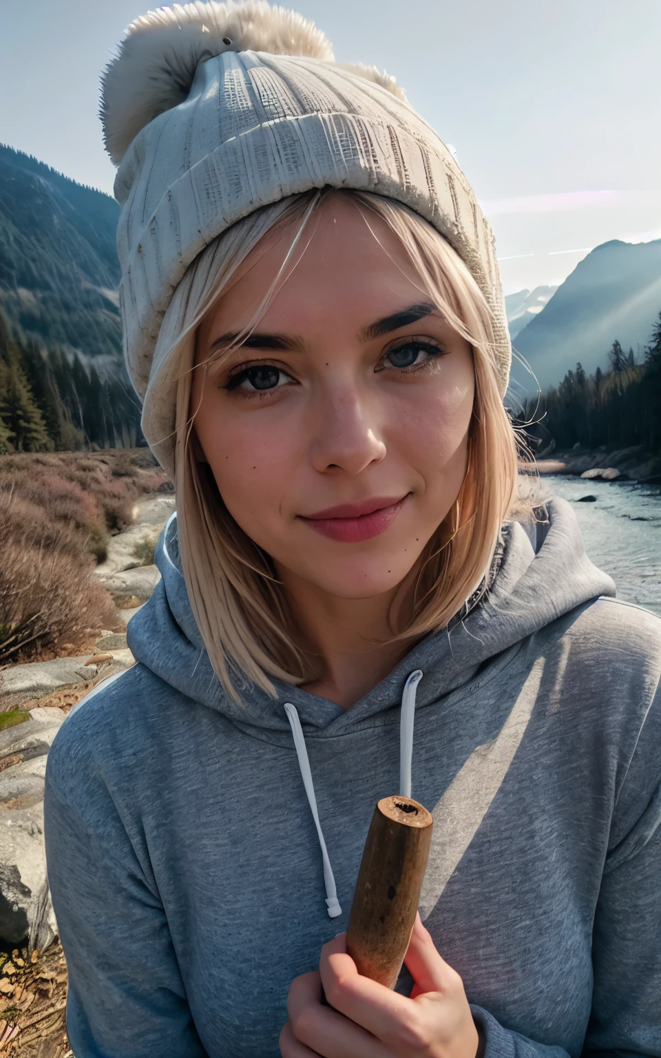 photorealistic, (best quality:1.2), (hyper detailed:1.2), beautiful woman, selfie photo, short white hair, upper body, solo, wearing whie plain hoodie, outdoors, (night), mountains, real life nature, stars, moon, (cheerful, happy), sleeping bag, gloves, sweater, beanie, flashlight, forest, rocks, river, wood, smoke, fog, clear sky, analog style, looking at viewer, skin texture, film grain, close up, ultra high res, best shadow, RAW, instagram LUT