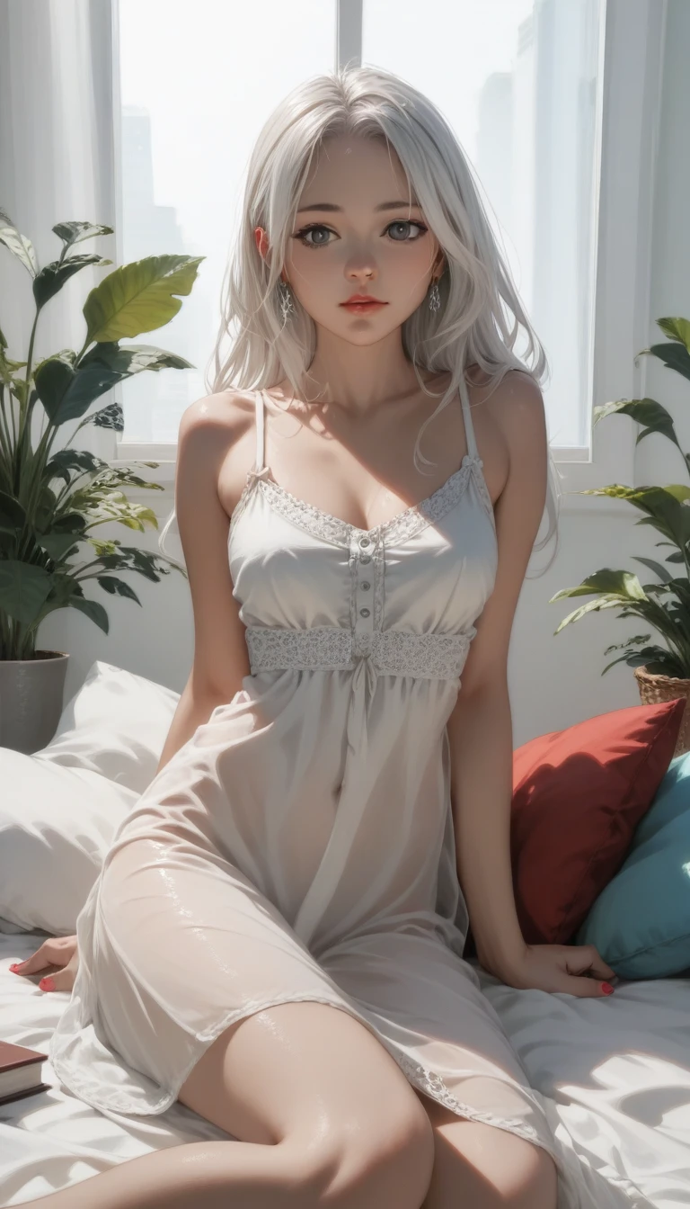 Low Leg、Low rise、albino、(((Realistic images)))、Translucent white skin、White camisole、((girl、Upper body angle))、the skin is transparent、Make the expression more realistic、thin, Soft and smooth white hair、Highlight wrinkles in clothing、Highest quality、High resolution、Extremely detailed 8K、 (Ultra HD、Very detailed、Very detailed、とてもRealistic、Ultra-realistic、Realistic)、One Girl、One thumb、View 4 books、The underwear you are wearing is very soft and pleasant to the touch....、Stagnation、スリムな体を持つ美しいgirl、Waist-length white hair、Grey Eyes、My Room、Chic monochrome room、Foliage plant