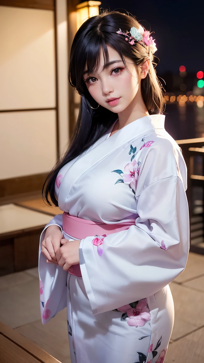 (logo、masterpiece、8K、Tabletop、RAW Photos、wonderful、最high quality、フォトリアリスティックでVery detailedな CG 複合 8K 壁紙、high quality、Very detailed、Narrative poem、Particle Effects、Dynamic Effects、Depth of the Boundary、Cinematic Light、Lens flare、Ray Tracing)、 (One beautiful woman wearing a yukata、White yukata、Light purple pattern)、Black-haired、High definition skin、Very fine、Fine skin texture、Beautiful Face、True Face、Beautiful details in the eyes、Realistic eyes、Beautifully detailed eyes、Realistic Skin、Beautiful Skin、Surreal、Smiling Eyes、Hair and light eyes、vivid、Colorful lights and bokeh、plump lower lip、Pink Lips、Hair flutters in Wind、Hair bounces、wonderful景色、night、evening、Wind、moonlight、moonlight、light