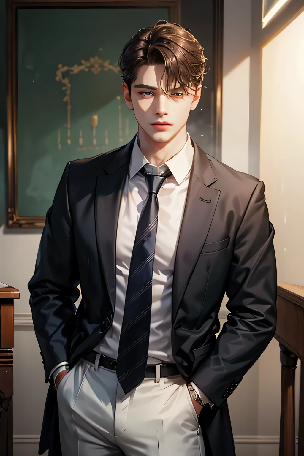 male_focus, solo, 1boy, necktie, striped_necktie, realistic, jacket, shirt, pants, hands_in_pockets, collared_shirt, white_shirt, looking_at_viewer, grey_pants, striped, closed_mouth, open_jacket, shadow, open_clothes, black_hair, cowboy_shot, dress_shirt, standing, long_sleeves, black_jacket, brown_hair, school_uniform, shirt_tucked_in