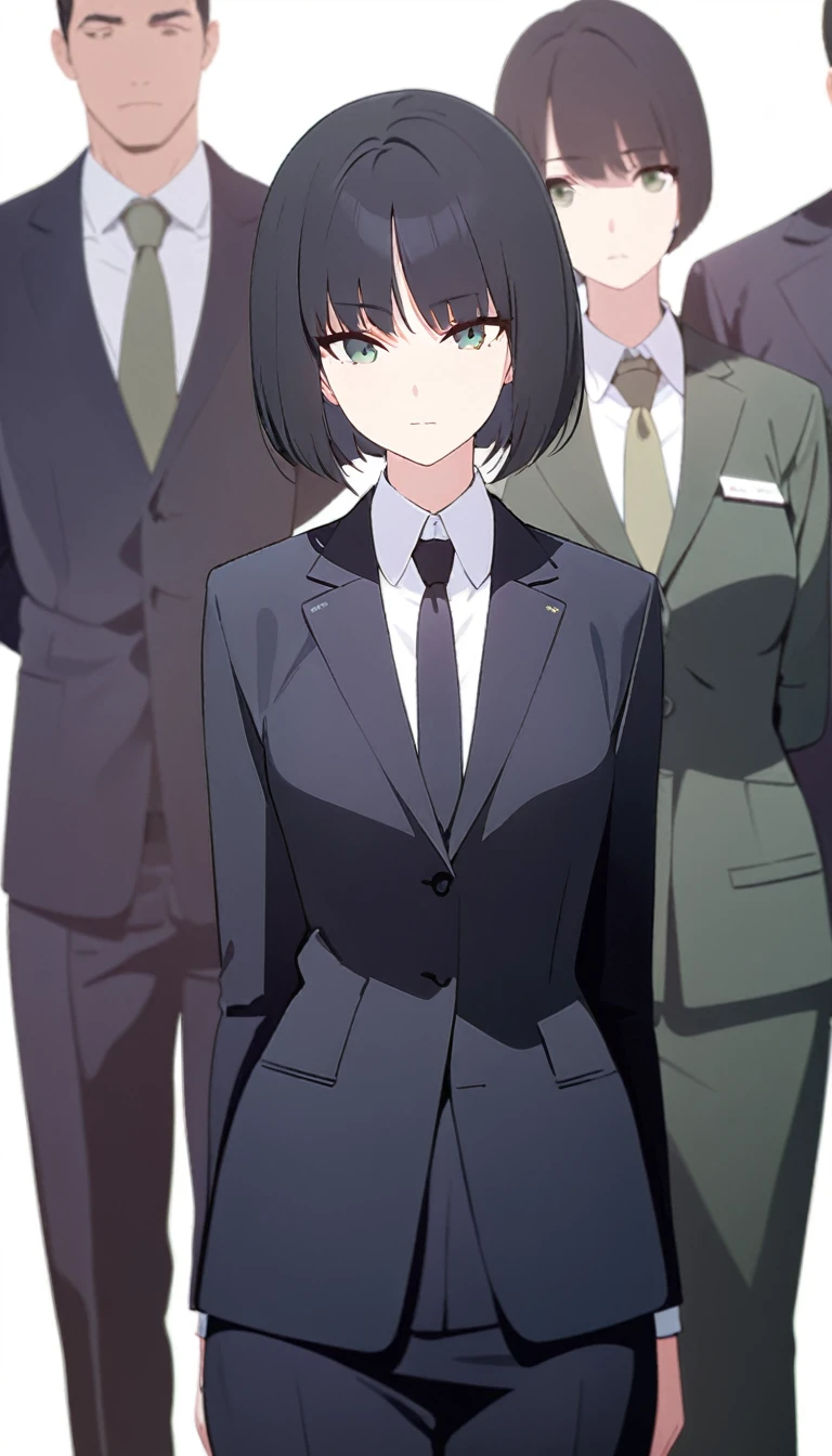 (masterpiece, high quality, best quality, highres,) One Woman, young, black hair, bob cut, Green Eyes, Athletic build, expressionless, closed mouth, office staff suit, Simple white background, standing, cowboy shot, (from the front)