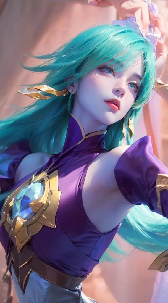 a close up portrait of a beautiful girl with long green hair, pale skin, purple outfit, (best quality,4k,8k,highres,masterpiece:1.2),ultra-detailed,realistic,photorealistic,photo-realistic:1.37,HDR,UHD,studio lighting,ultra-fine painting,sharp focus,physically-based rendering,extreme detail description,professional,vivid colors,bokeh,knights of zodiac,beautiful detailed eyes,beautiful detailed lips,extremely detailed eyes and face,longeyelashes,elegant,serene,intricate,fine art