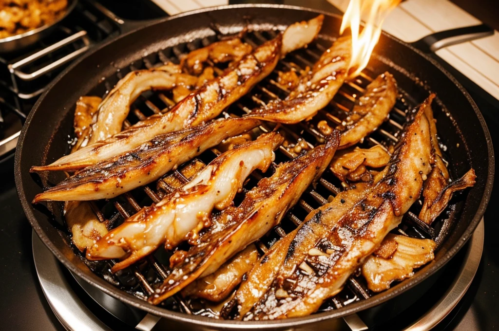 Please create a close-up of grilling dried squid over a gas stove. High quality, realistic photo.