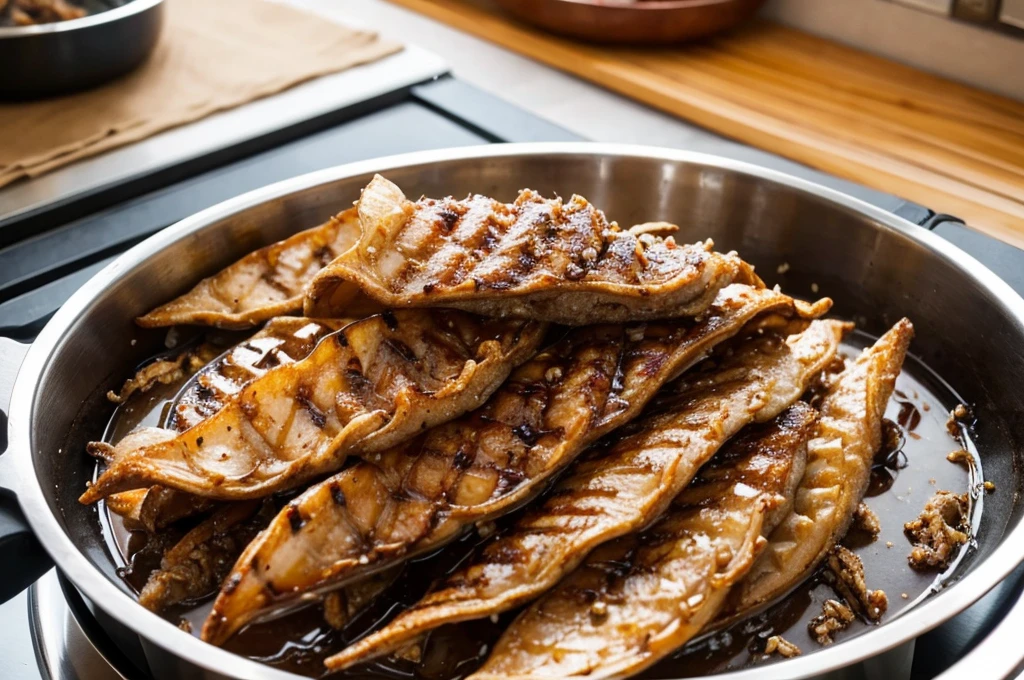 Please create a close-up of grilling dried squid over a gas stove. High quality, realistic photo.