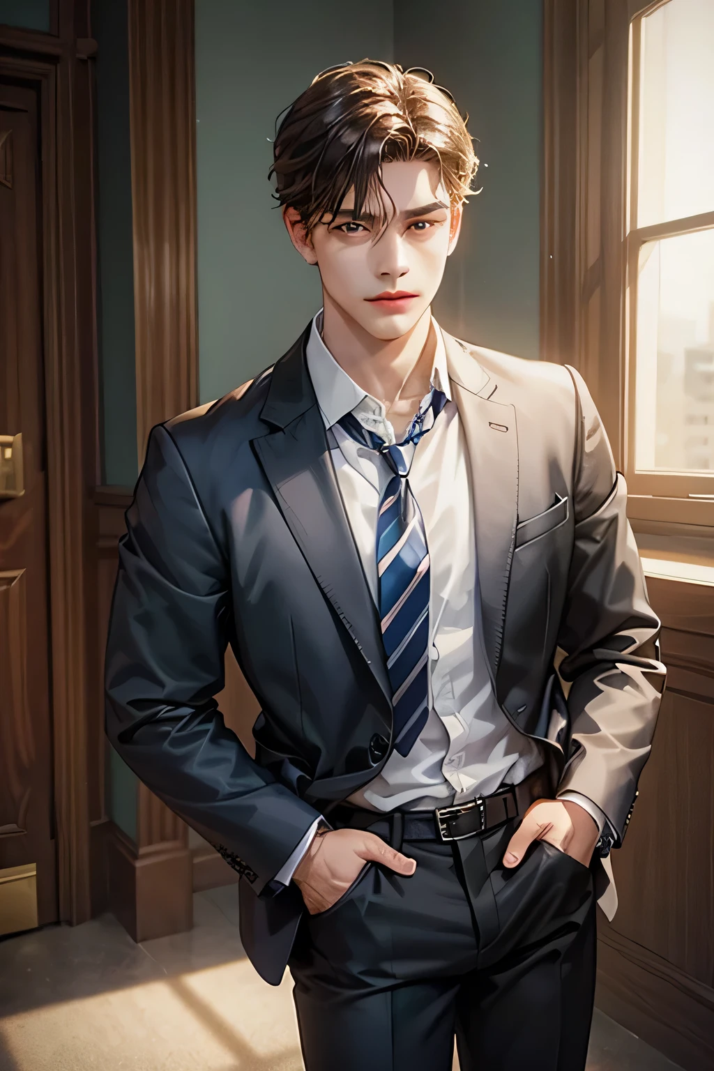 male_focus, solo, 1boy, necktie, striped_necktie, realistic, jacket, shirt, pants, hands_in_pockets, collared_shirt, white_shirt, looking_at_viewer, grey_pants, striped, closed_mouth, open_jacket, shadow, open_clothes, black_hair, cowboy_shot, dress_shirt, standing, long_sleeves, black_jacket, brown_hair, school_uniform, shirt_tucked_in