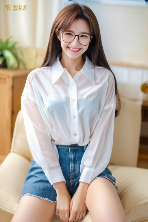 Highest quality、masterpiece、High sensitivity、High resolution、Detailed Description、Slim Body、Glasses、smile、In bare skin、Wearing an oversized shirt、When I sat down、Her slim thighs are exposed、