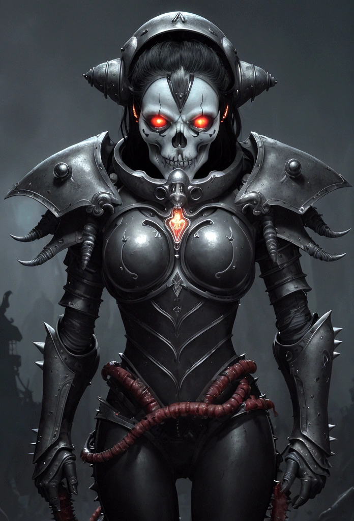 a gorgeous adepta sororitas from the movie tron, glowing skull armor, spikes, teeth, monster, dirty tentacles, pus pimples, cracked truenurgle, detailed face and eyes, beautiful lips, extremely detailed, 1girl, oil painting, concept art, dark fantasy, cinematic lighting, dramatic shadows, vibrant colors, moody atmosphere, hyper detailed, 8k, photorealistic