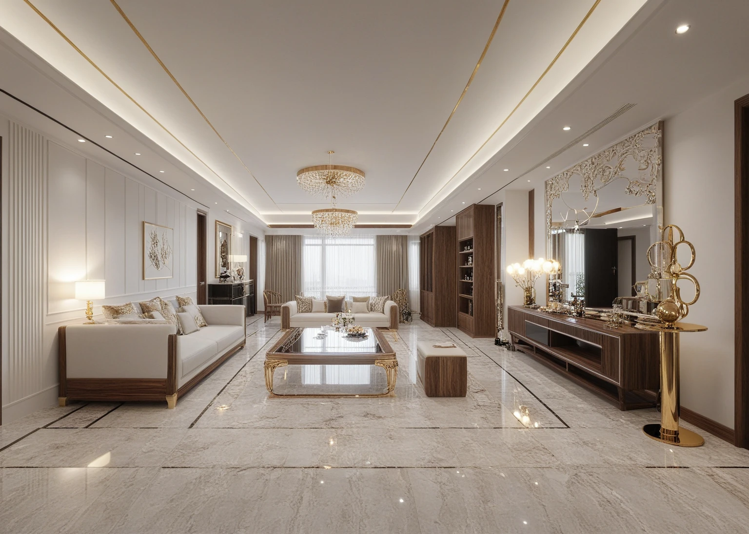 ,Masterpiece, Best quality,8K, Ultra-high resolution,When you step into the ( living room  : 1.1)  ,Immediately surrounded by a rich atmosphere of luxury. The space  was covered with a soft white fluffy blanket,It is so comfortable,So much so that you can't help but indulge in it。Embellished with precious porcelain and white-off gold ornaments。Whenever it is late afternoon,The afterglow from the window spilled on the floor,Soft light and shadow are reflected,It was as if entering a dreamland. ((Wooden chair and table : 1.3)), ((COLUMN MIRROR : 1.3))