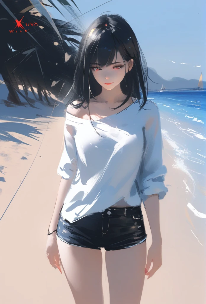 1girl, solo, wlop,
Black hair, gradient eyes, white shirt, short shorts, seductive smile, 
beach, blue sky,
masterpiece, best quality,