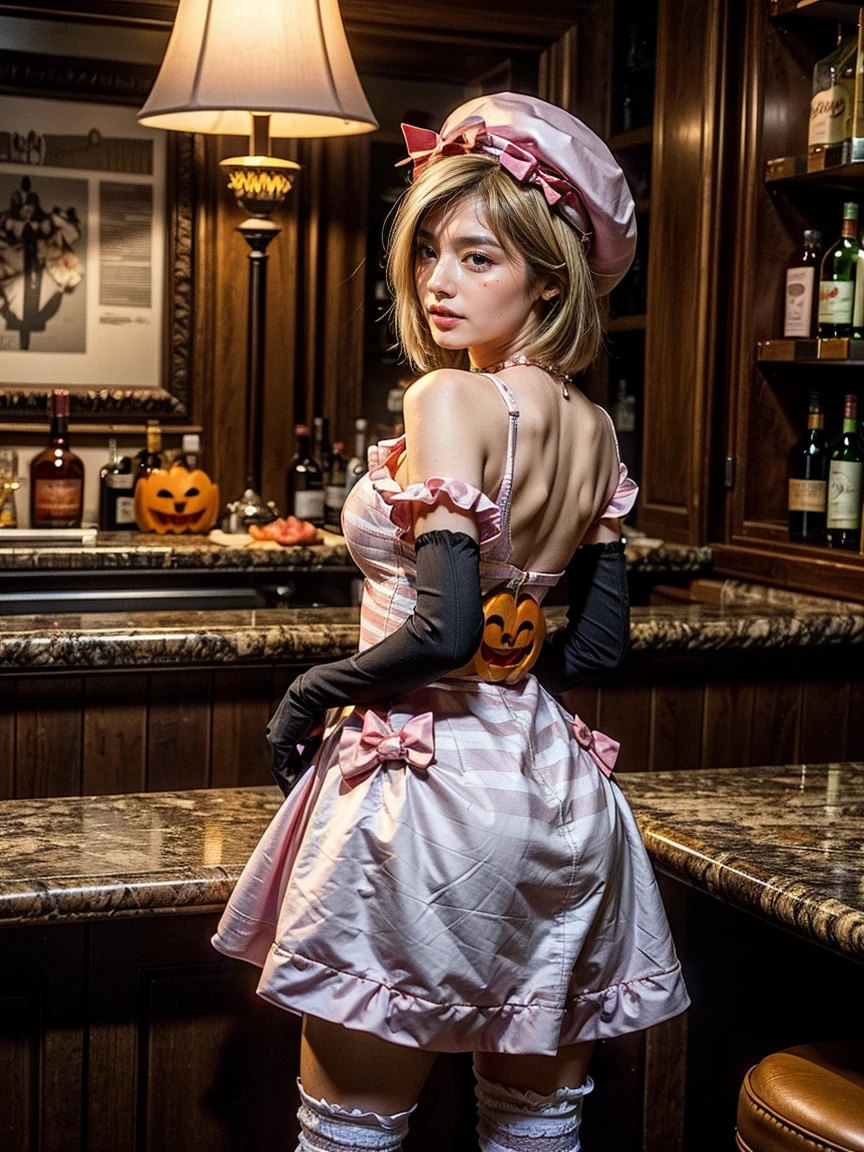 (1 lady), The beautiful, (Best quality at best:1.4), (ultra - detailed), (extremely detailed CG unified 16k), gold blonde hair, very detailed, High-definition RAW color photo, professional photoshooting, amazing face and eyes, cosmetics, (amazingly beautiful girl), ((lambdadelta)), ((dress, shoes bow, red shoes, striped stockings, red bow, pink hat, necklace, gloves, pearl, pumpkin brooch, pink dress)), standing, sexyposture,(Dark and stylish bar, drinks, lamp lights, lamp lights:1.3), (look from down), realistic cinematic face, head to feet long wide zoomed out view, full body long view, photorealistic, ((realistic natural blonde hair style, honey eyes)), gorgeous, extremely beautiful face, perfect model beauty, pout mouth, flirting smile, cleavages, city girl, western, shopping in the city, (masterpiece), best quality, high resolution, extremely detailed, blurred background, depth of field, cinematic lighting, amazing legs, high heels, clear and well-cared skin, from behind, nice ass,