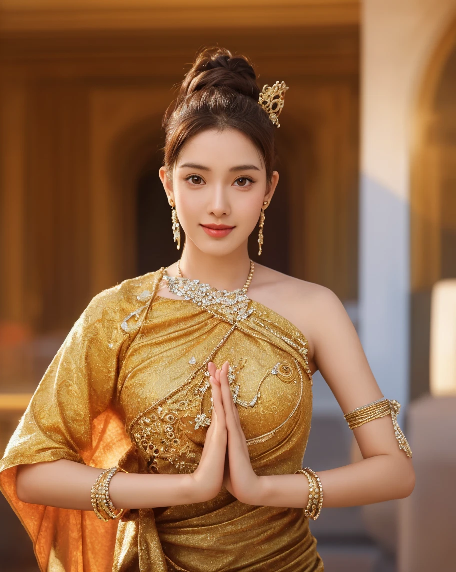 A woman in an opulent traditional Thai outfit, hands together, posing confidently in front of a majestic royal palace, with golden light illuminating her figure, enhancing the intricate details of her attire.
