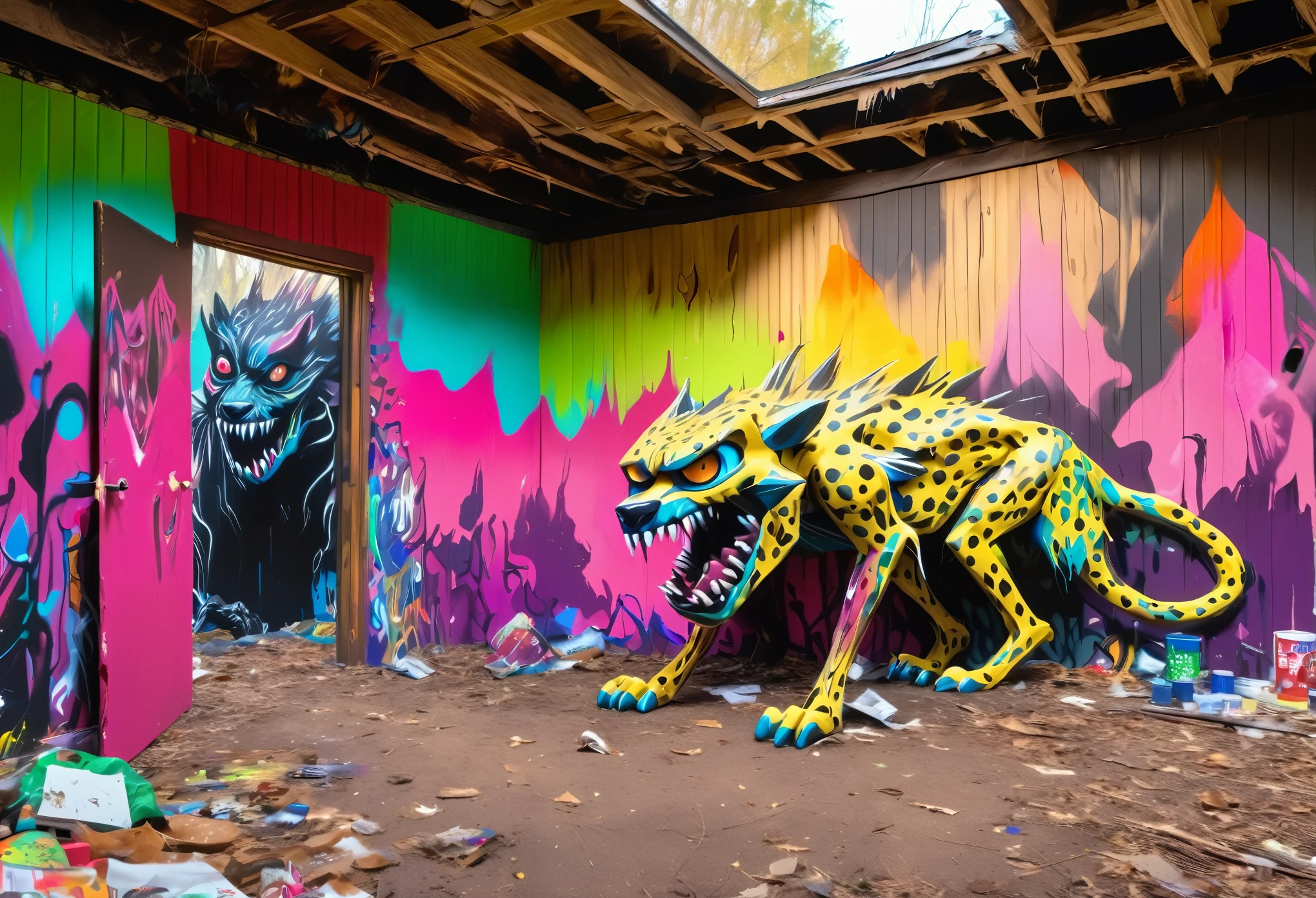 graffiti shack in the woods, modern spray paint art, trash, ruined wooden room, one evil dark cheetah monster looks at the colourful walls