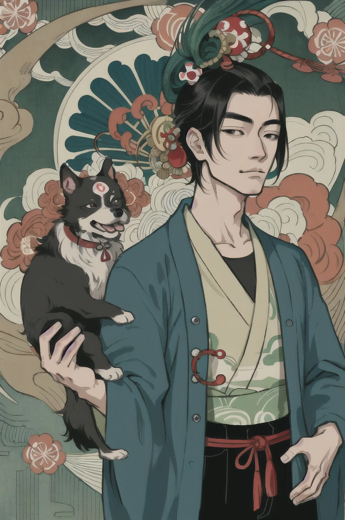 there is a drawing of a man and a dog smoking, by Kamisaka Sekka, inspired by Kawabata Ryūshi, gas mask in ukiyo-e style, in the art style of ukiyo - e, jc leyendecker and sachin teng, inspired by Yasuo Kuniyoshi, inspired by Utagawa Kuniyoshi