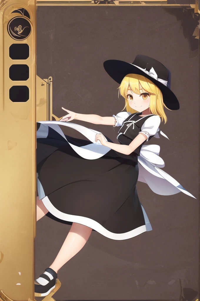 1girl, , , masterpiece, best quality, 10 years old, medium blonde hair, forehead visible bags, yellow eyes, hat, heart, black headwear, puffy short sleeves, log black skirt, heart hads,,1girl, solo, yellow eyes, yellow hair, bow, hat bow, socks, black footwear, black skirt, short sleeves, yuki (touhou), black vest, white sleeves, frill skirt, light smile