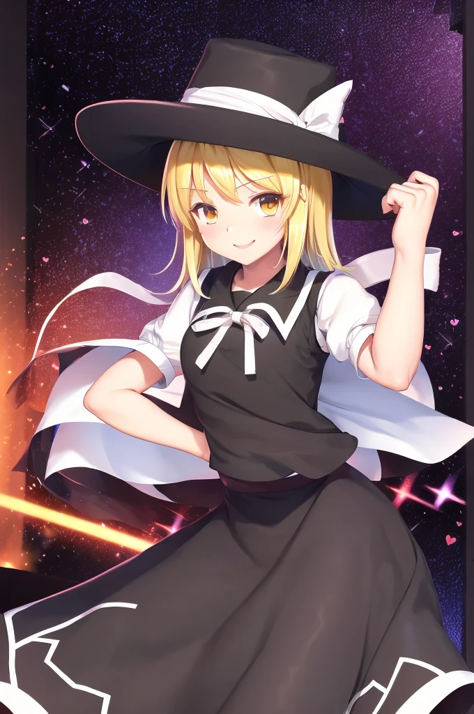 1girl, , , masterpiece, best quality, 10 years old, medium blonde hair, forehead visible bags, yellow eyes, hat, heart, black headwear, puffy short sleeves, log black skirt, heart hads,,1girl, solo, yellow eyes, yellow hair, bow, hat bow, socks, black footwear, black skirt, short sleeves, yuki (touhou), black vest, white sleeves, frill skirt, light smile