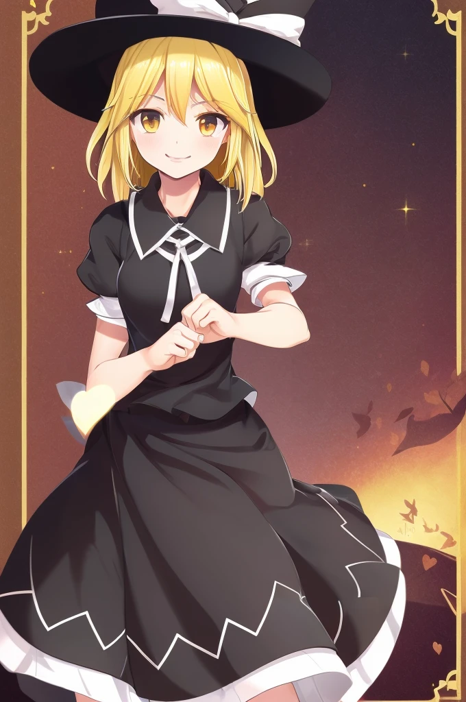 1girl, , , masterpiece, best quality, 10 years old, medium blonde hair, forehead visible bags, yellow eyes, hat, heart, black headwear, puffy short sleeves, log black skirt, heart hads,,1girl, solo, yellow eyes, yellow hair, bow, hat bow, socks, black footwear, black skirt, short sleeves, yuki (touhou), black vest, white sleeves, frill skirt, light smile