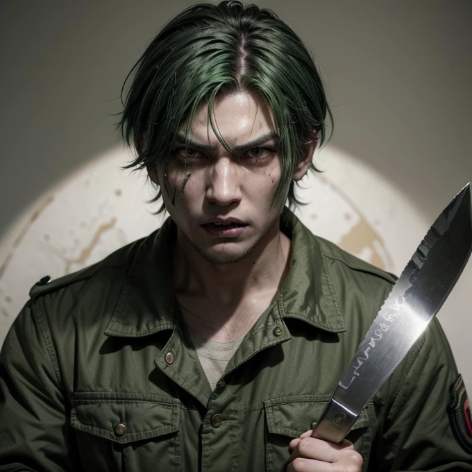 Man, green hair, soldier clothes, holding a knife, sharp teeth, yellow eyes, angry face, blood on his clothes