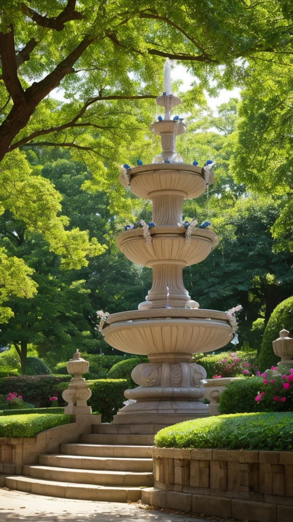 An anthill like a white chocolate fountain、Cherries spinning around, And the front, There are statues of fairies on either side