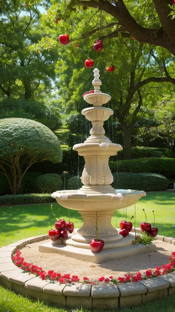 An anthill like a white chocolate fountain、Cherries spinning around, And the front, There are statues of fairies on either side