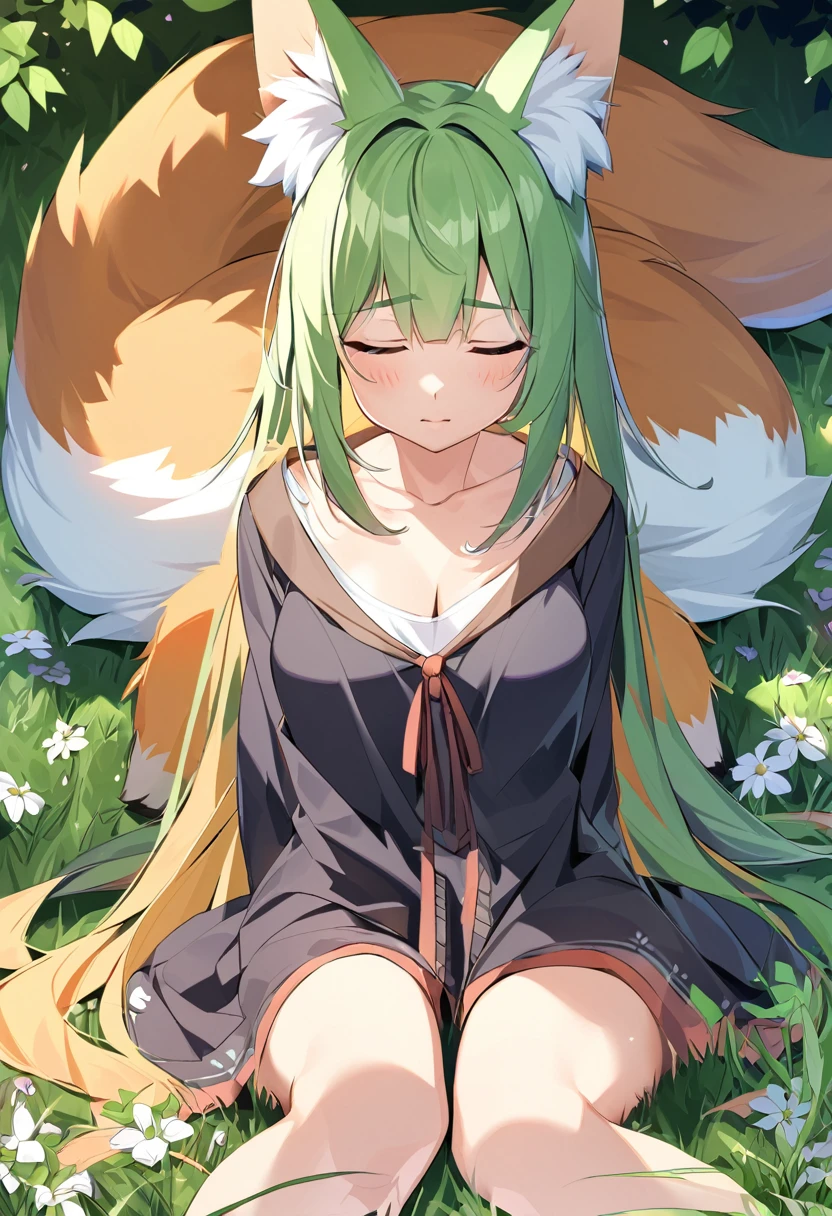 Beautiful girl with fox tail, sitting and sleepy in the grass