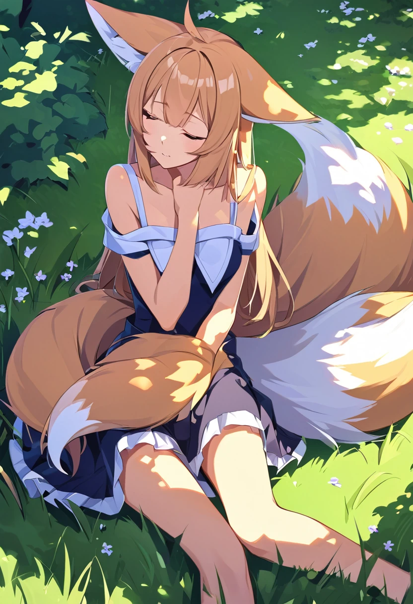 Beautiful girl with fox tail, sitting and sleepy in the grass