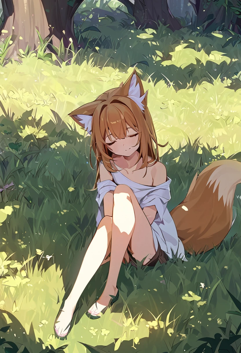 Beautiful girl with fox tail, sitting and sleepy in the grass