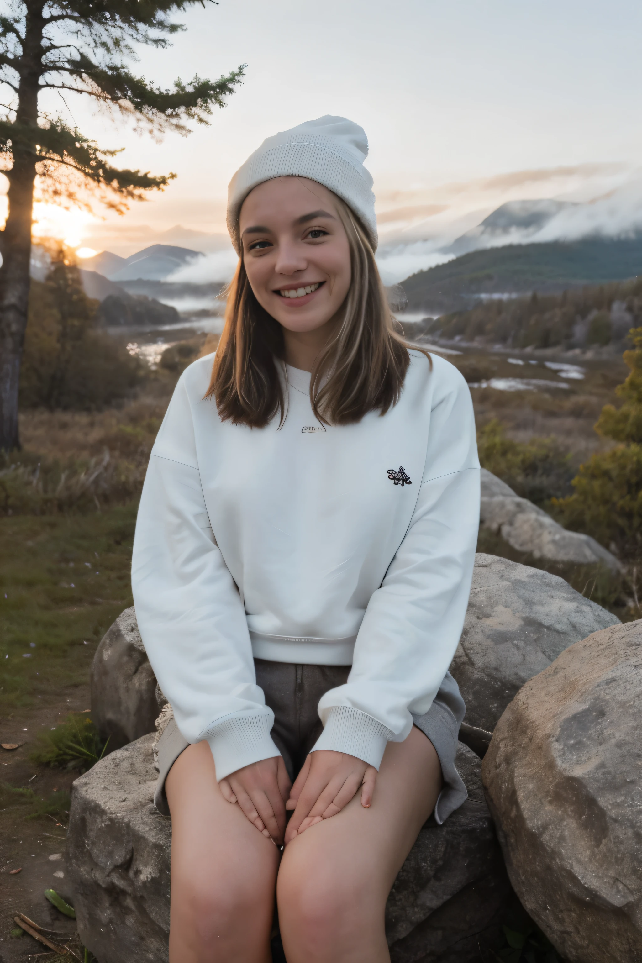 photorealistic, (best quality:1.2), (hyper detailed:1.2), beautiful woman sitting, selfie photo, short white hair, upper body, solo, wearing white pullover sweatshirt, outdoors, (sunset light), mountains, real life nature, (cheerful, happy), beanie, flashlight, forest, rocks, river, wood, smoke, fog, clear sky, analog style, looking at viewer, skin texture, film grain, close up, ultra high res, best shadow, RAW, instagram LUT