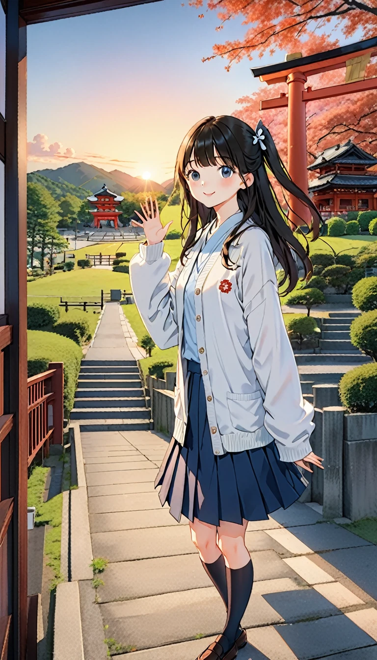 One Girl, (Sunset sky), Standing and waving, School Area, Countryside landscape, scenery, School Cardigan, (Sleeves are longer than the wrist), Powerful loafers, Black ash two side up hair, Blunt bangs, Beautiful dark eyes, Black knee socks, Cinema Lighting, Upper Body, :3,Long staircase、torii、A prestigious shrine