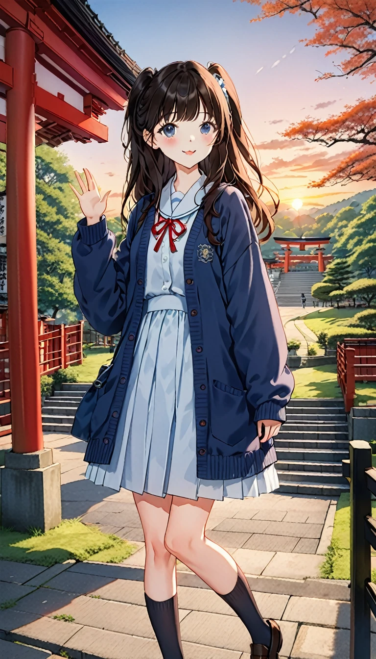 One Girl, (Sunset sky), Standing and waving, School Area, Countryside landscape, scenery, School Cardigan, (Sleeves are longer than the wrist), Powerful loafers, Black ash two side up hair, Blunt bangs, Beautiful dark eyes, Black knee socks, Cinema Lighting, Upper Body, :3,Long staircase、torii、A prestigious shrine