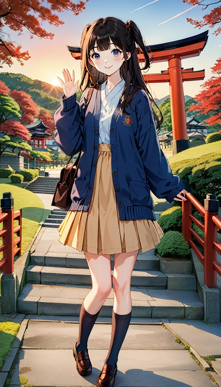 One Girl, (Sunset sky), Standing and waving, School Area, Countryside landscape, scenery, School Cardigan, (Sleeves are longer than the wrist), Powerful loafers, Black ash two side up hair, Blunt bangs, Beautiful dark eyes, Black knee socks, Cinema Lighting, Upper Body, :3,Long staircase、torii、A prestigious shrine