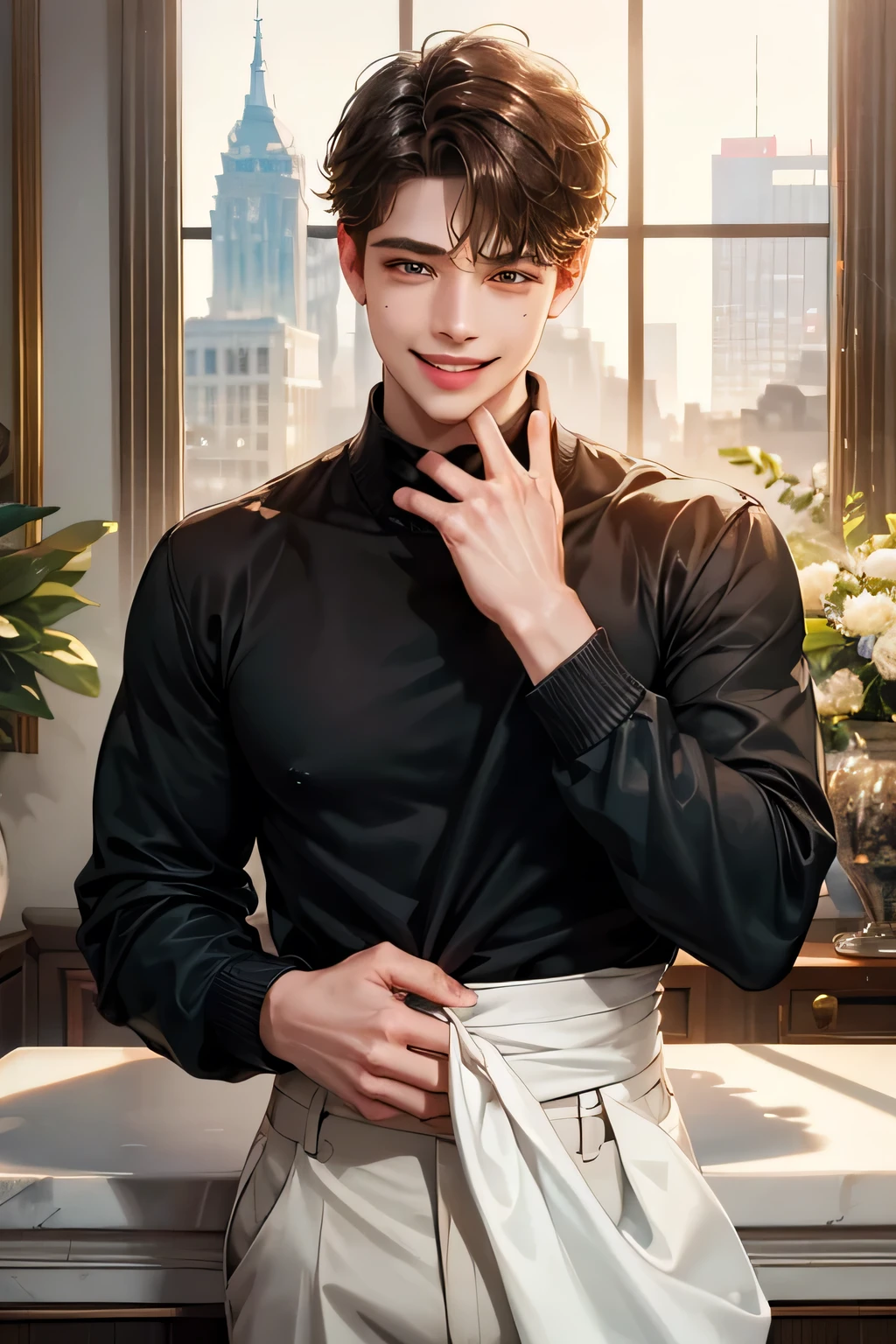 1boy, male_focus, solo, smile, realistic, own_hands_together, shirt, looking_at_viewer, long_sleeves, sweater, mole, collared_shirt, pants, teeth, white_shirt, brown_hair, mole_under_eye, short_hair, indoors, standing, black_hair