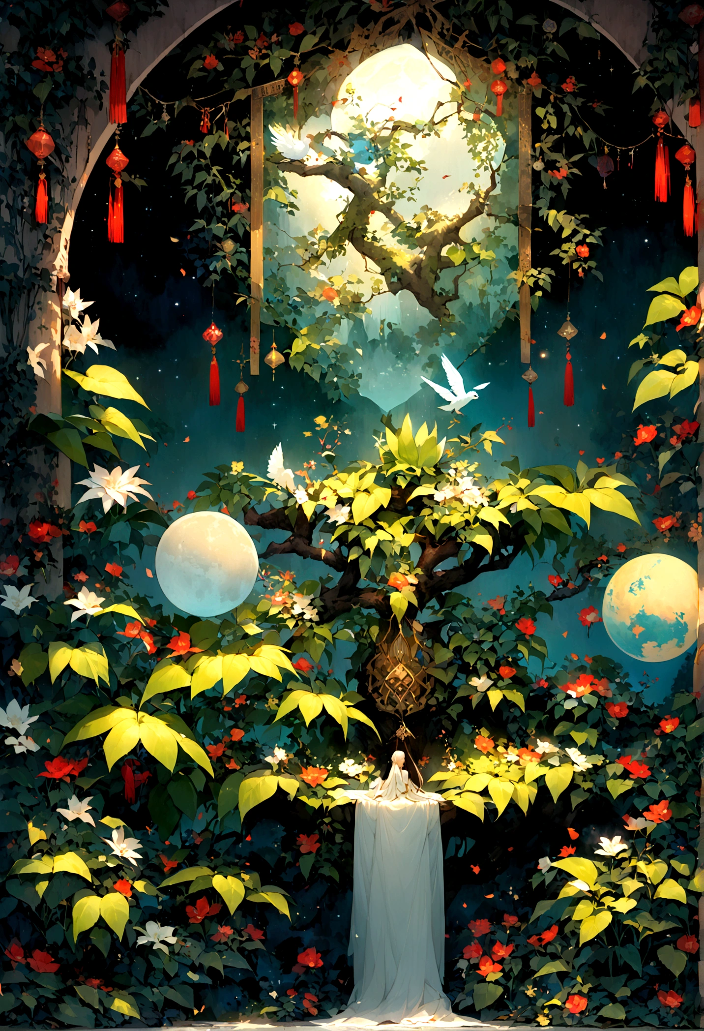 There is a beast,((Lots of glowing plants)),Starry Night。The aura of a deserted primeval forest,Mysterious forest,Bird,Fog was raging,Star bright,((Mysterious and dreamy scene)),Chinese style,Immortal World,Xianxia World,((nobody))
