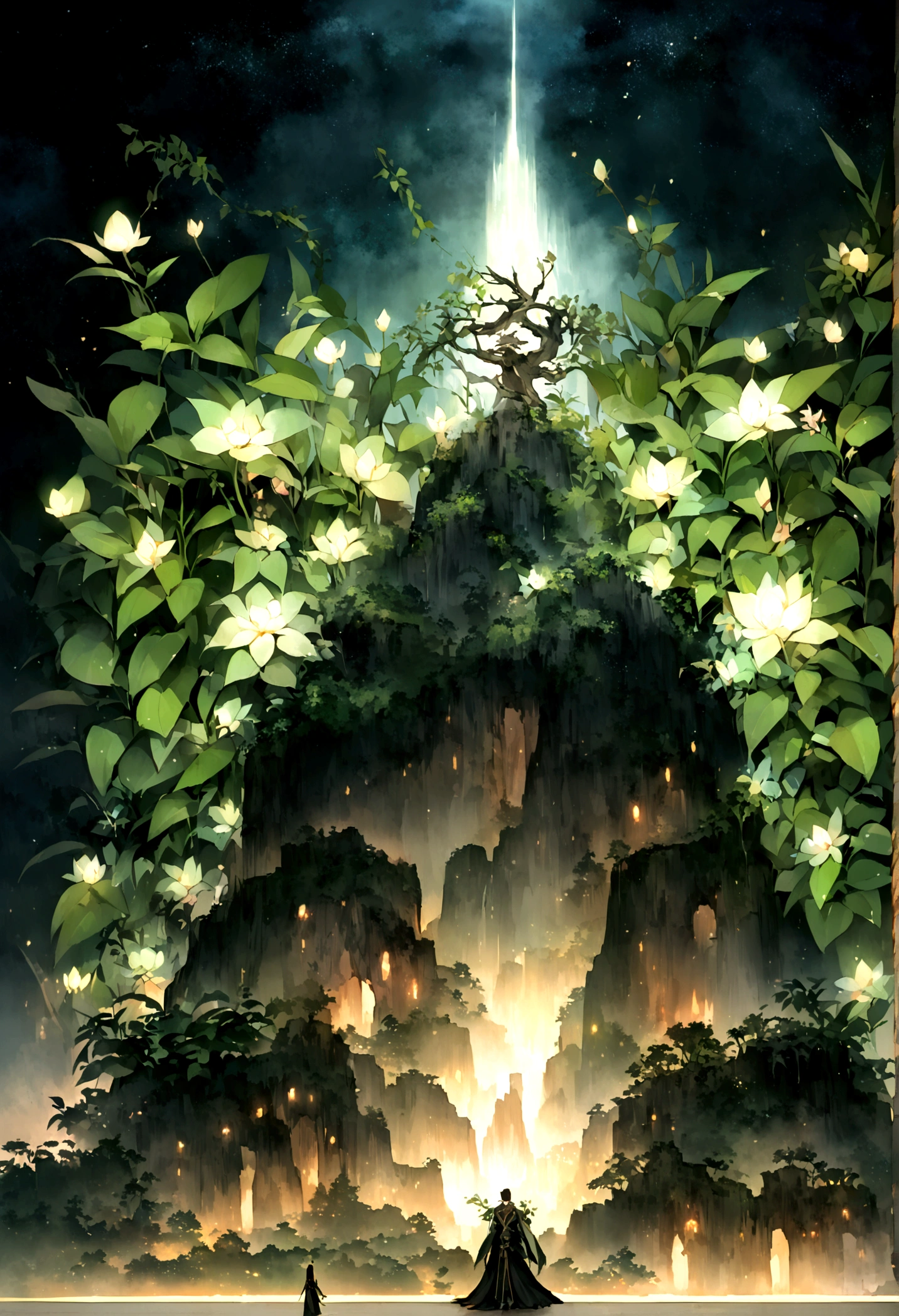 There is a beast,((Lots of glowing plants)),Starry Night。The aura of a deserted primeval forest,Mysterious forest,Bird,Fog was raging,Star bright,((Mysterious and dreamy scene)),Chinese style,Immortal World,Xianxia World,((nobody))
